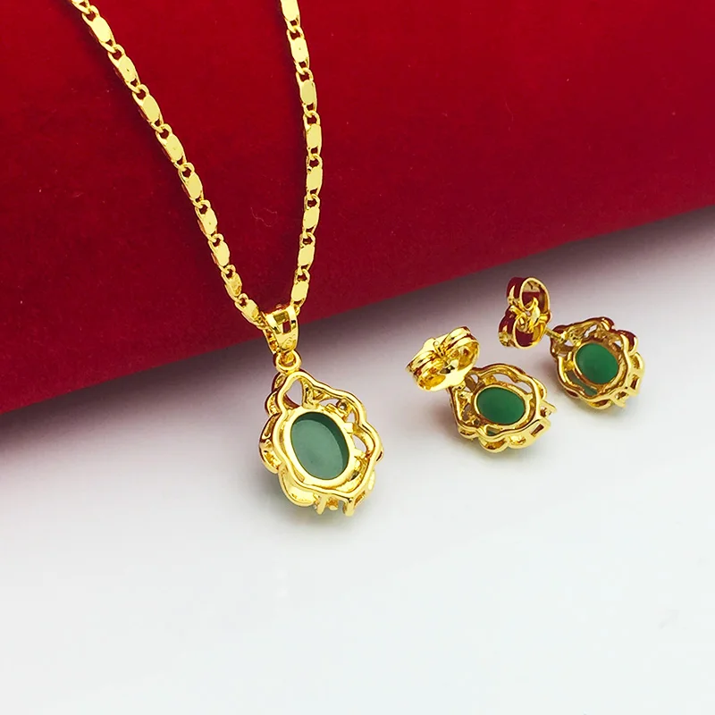 24k Gold Plated Emerald Pendant Necklace Earring Jewelry Set For A Woman's Engagement Gift - Image 3