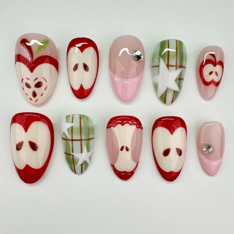 24pcs Wearable Press on Nails Strawberry Bow Design Nails Tips Red Short Almond Pearl Starlight Fake Nail Art Flower False Nails - Image 5