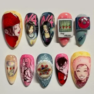 24pcs Anime Pattern Nails Tips Colorful Almond Press on Nails Art Ornament for Girls Wearable Cute False Nails Set Fake Nails
