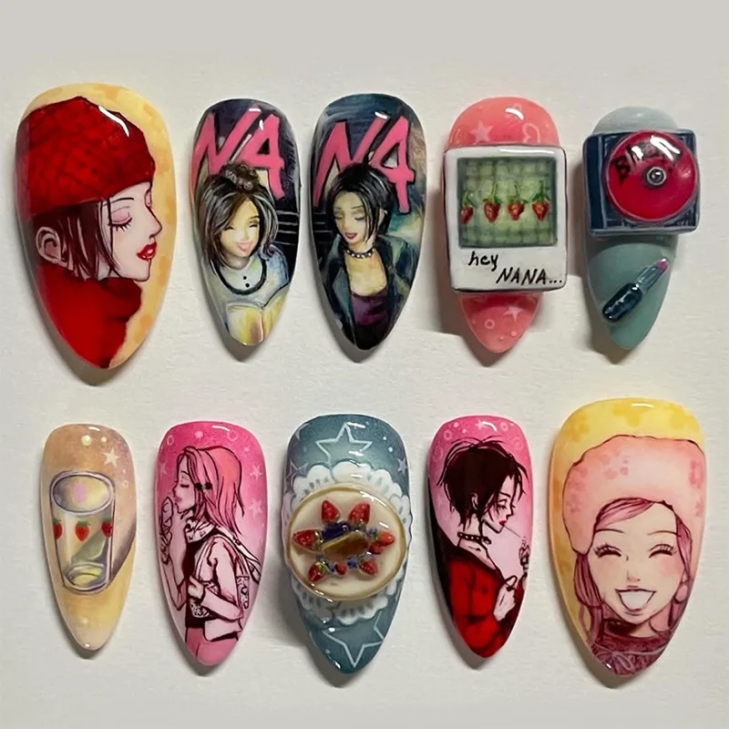 24pcs Anime Pattern Nails Tips Colorful Almond Press on Nails Art Ornament for Girls Wearable Cute False Nails Set Fake Nails
