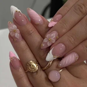 24pcs Pink Flower Almond Press on Nails Kawaii False Nails Wearable Stick-on Nails Fake Nail Uñas Postizas Накладные Ногти 네일팁