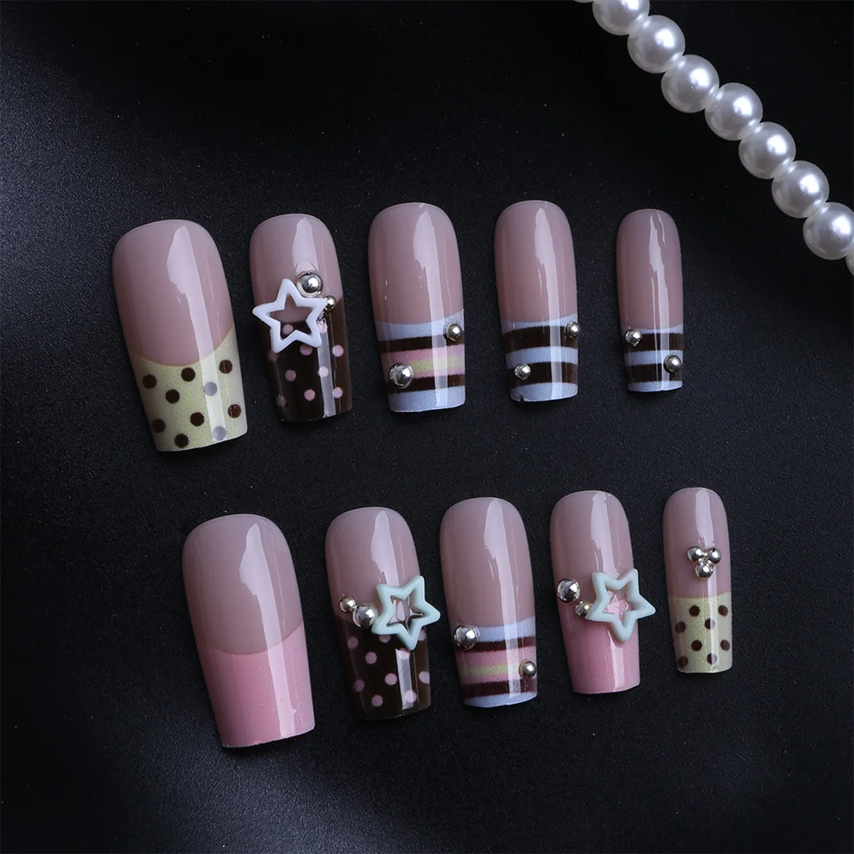 24pcs Y2K Sweet Stars Press On Nails Blue Brown Stripes French Style False Nails Wave Point Designs Autumn Vintage Fake Nail - Image 3