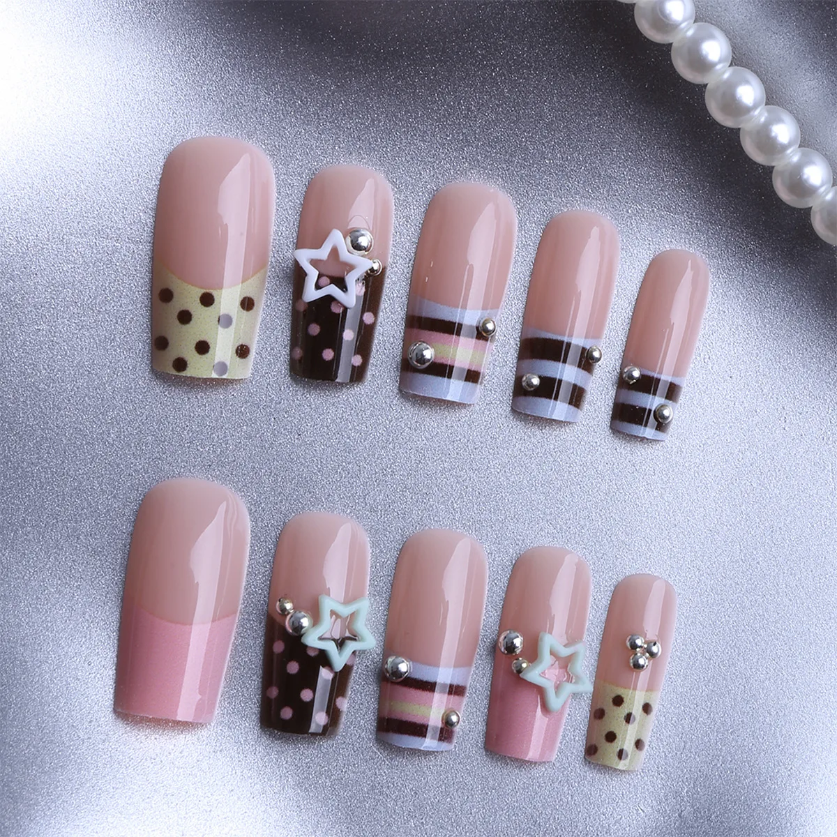24pcs Y2K Sweet Stars Press On Nails Blue Brown Stripes French Style False Nails Wave Point Designs Autumn Vintage Fake Nail - Image 4