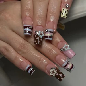 24pcs Y2K Sweet Stars Press On Nails Blue Brown Stripes French Style False Nails Wave Point Designs Autumn Vintage Fake Nail