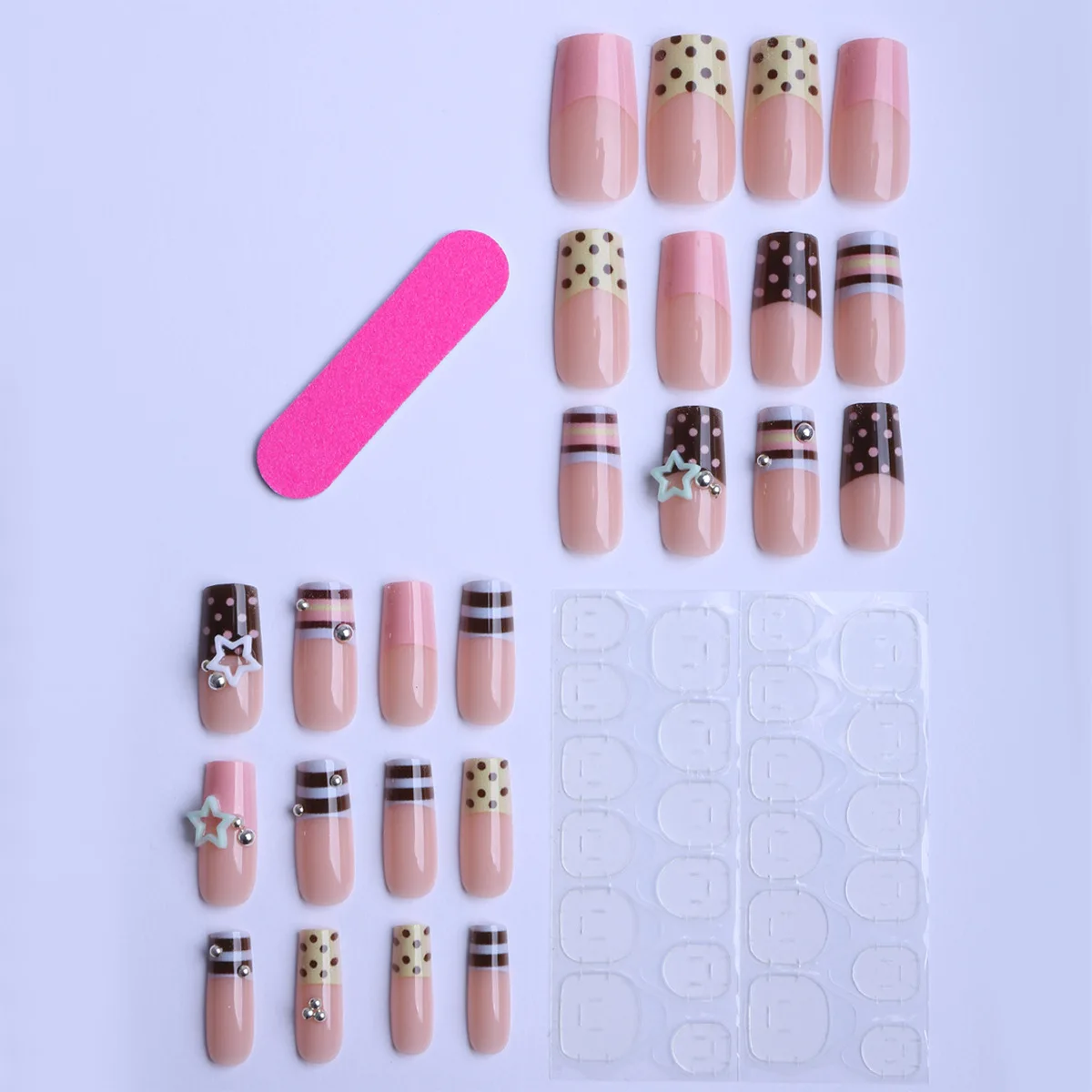 24pcs Y2K Sweet Stars Press On Nails Blue Brown Stripes French Style False Nails Wave Point Designs Autumn Vintage Fake Nail - Image 5