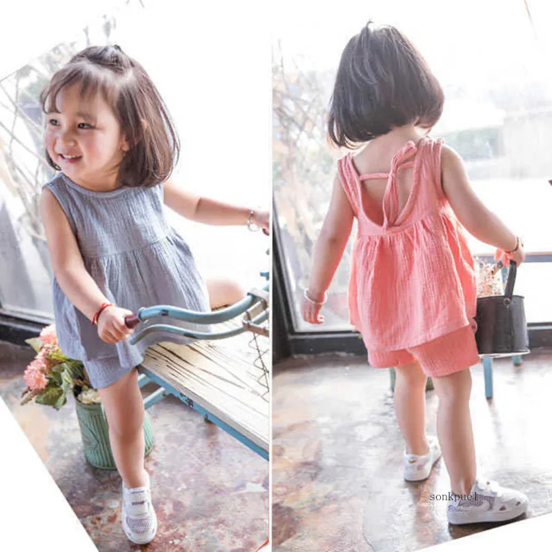 2PC Summer New Girls' Outfit Baby Girls' Sleeveless T-shirt Children's Short-sleeve Clothing Set Two-piece Trendy Set - Image 2