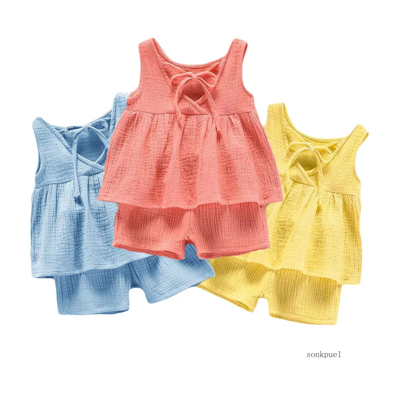 2PC Summer New Girls' Outfit Baby Girls' Sleeveless T-shirt Children's Short-sleeve Clothing Set Two-piece Trendy Set - Image 3