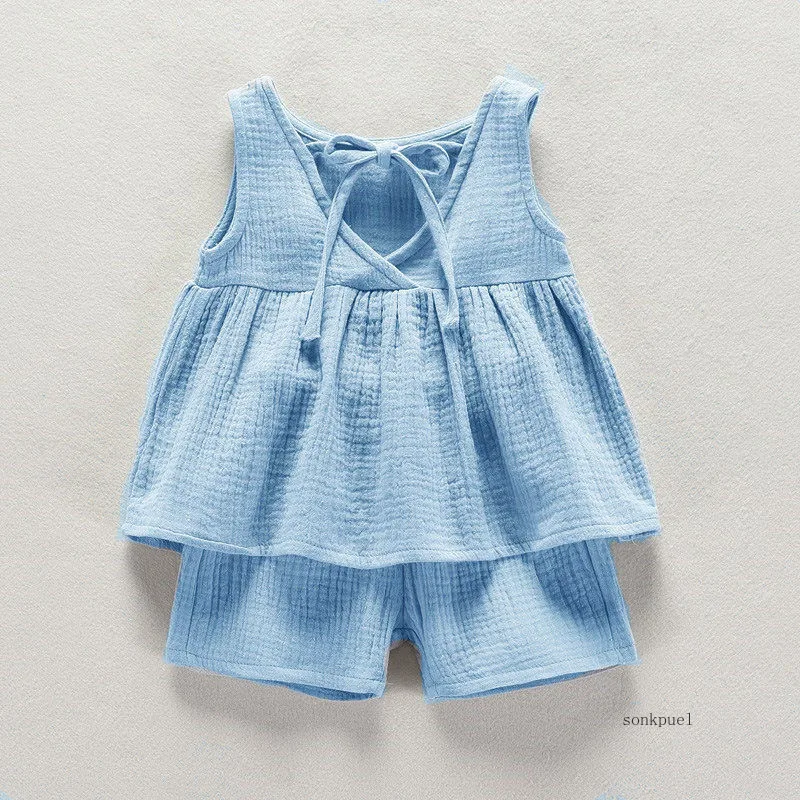 2PC Summer New Girls' Outfit Baby Girls' Sleeveless T-shirt Children's Short-sleeve Clothing Set Two-piece Trendy Set