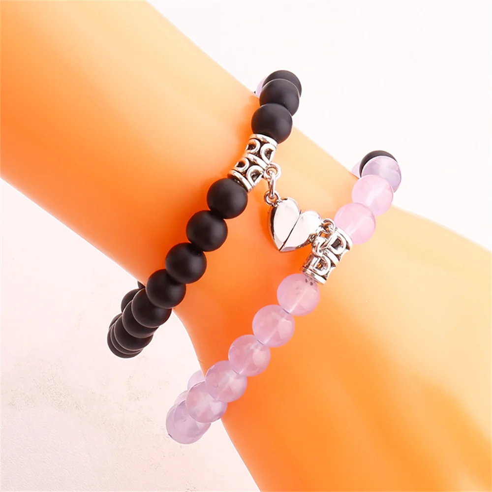 2PCS/Set Beads Couple Bracelets Natural Stone Distance Heart Magnet Bracelet For Lovers Fashion Lovers Jewelry Gift - Image 2