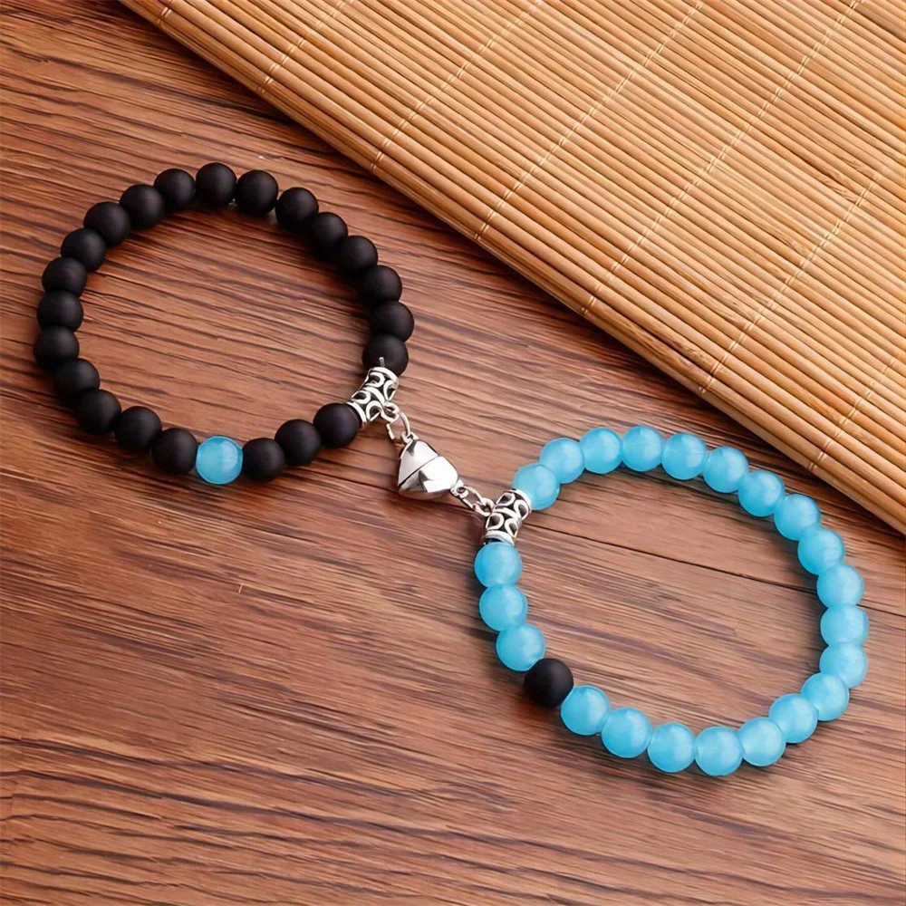 2PCS/Set Beads Couple Bracelets Natural Stone Distance Heart Magnet Bracelet For Lovers Fashion Lovers Jewelry Gift - Image 5