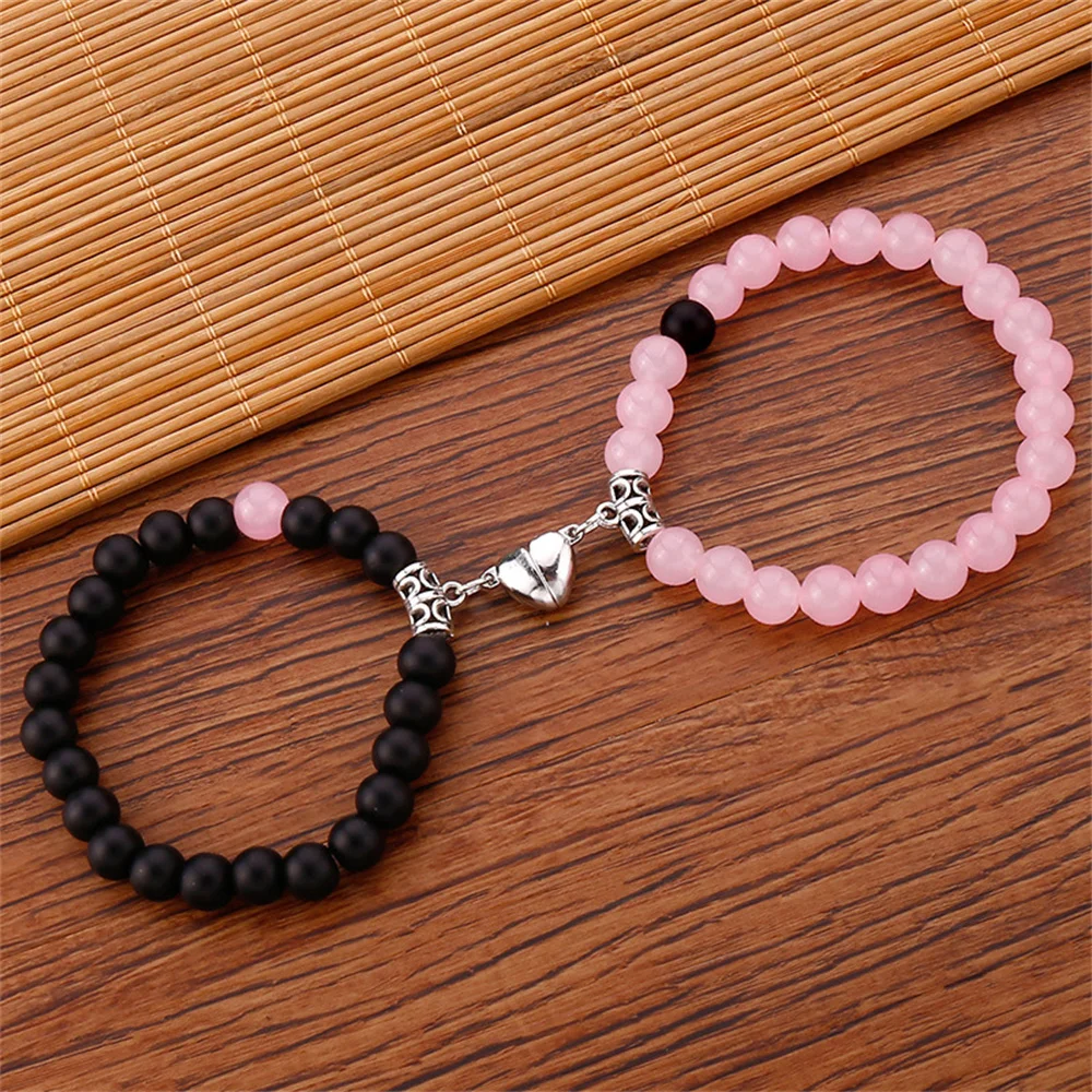 2PCS/Set Beads Couple Bracelets Natural Stone Distance Heart Magnet Bracelet For Lovers Fashion Lovers Jewelry Gift - Image 3