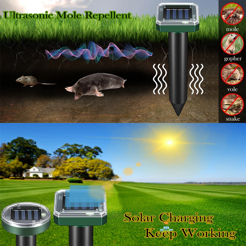 2Pcs Solar Outdoor Mole Groundhog Repellent Stakes Ultrasonic Gopher Repeller Vole Deterrent Waterproof Sonic Repellent Spikes - Image 3
