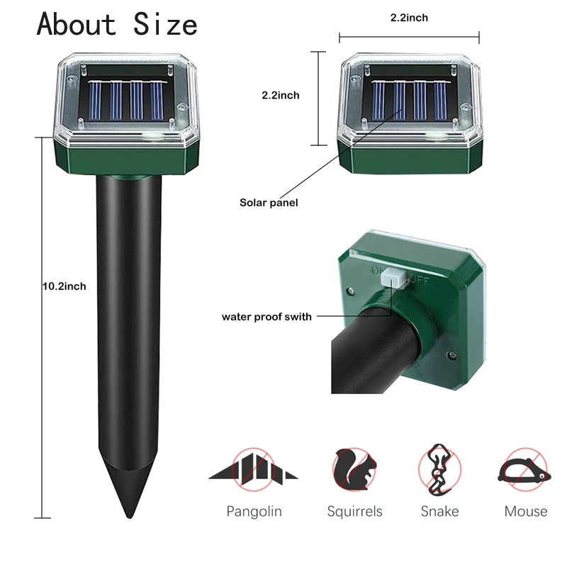 2Pcs Solar Outdoor Mole Groundhog Repellent Stakes Ultrasonic Gopher Repeller Vole Deterrent Waterproof Sonic Repellent Spikes - Image 4