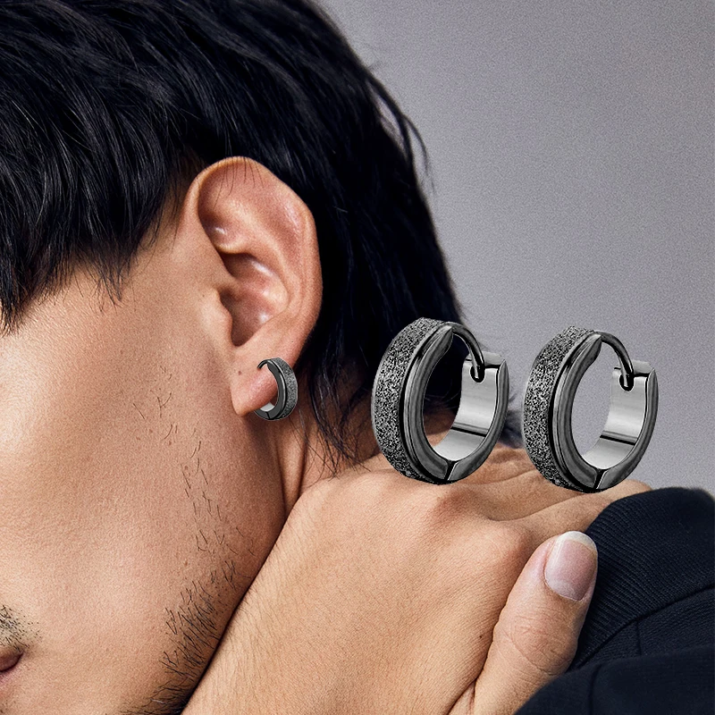 2pc Wide Frosting Stainless Steel Hoop Earrings Black Round Earring For Women Men Punk Vintage Circle Earring Jewelry Statement - Image 4