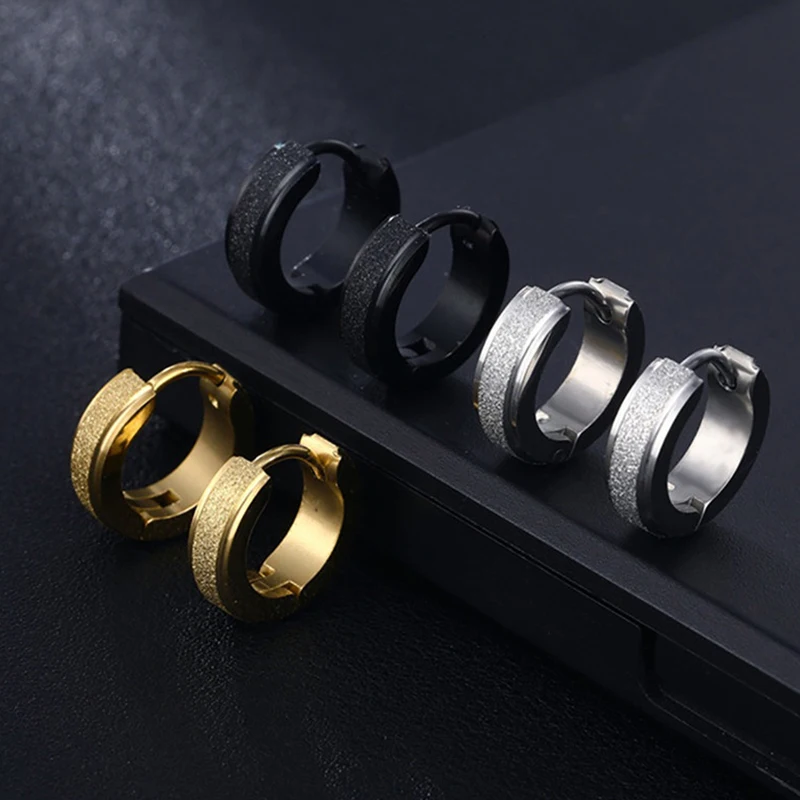 2pc Wide Frosting Stainless Steel Hoop Earrings Black Round Earring For Women Men Punk Vintage Circle Earring Jewelry Statement - Image 3