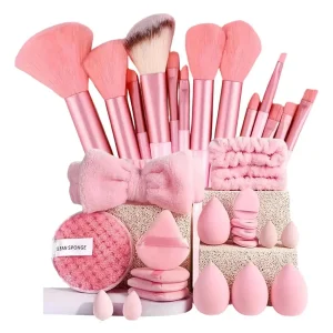 33Pcs Makeup Tools Kit Professional Soft Fluffy Makeup Brush Set Foundation Blush Eyebrow Shadow With Headband Wristband Pink