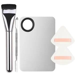3/5pcs Contour Foundation Brush Set Stainless Steel Makeup Palette With Powder Puff Spatula Tool For Women Makeup Accessories