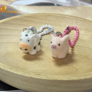3D Flocking Animal Lanyard Keychain Mini Resin Fluffy Keyring Cute Bag Pendant Earphone Case Charms Car Key Holder Couple Gifts