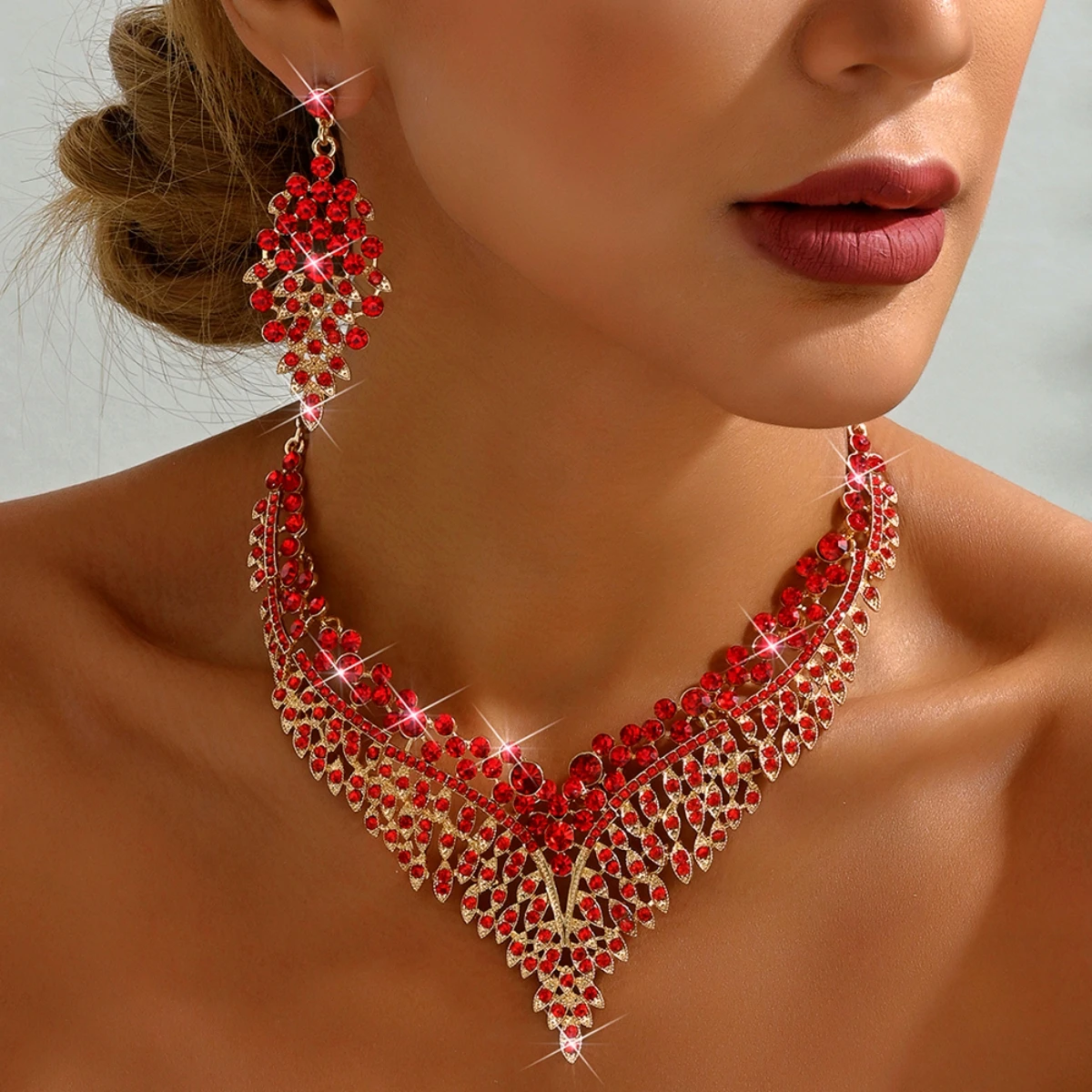 3PC Women's Fashion Starry Leaf Embellishments Necklace Earrings Jewelry Set Wedding Banquet Party Festival Gift 8884 - Image 3