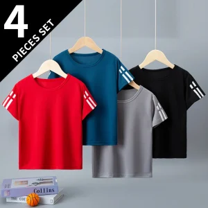 4/1 Pcs children's quick-drying solid color long-sleeved leisure sports T-shirt boy Joker running short-sleeved breathable short