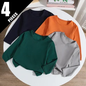 4/1 Piece Autumn And Winter Children's Solid Color Simple Waffle Grid Thin Long Sleeved T-shirt Boys And Girls Fashion Top