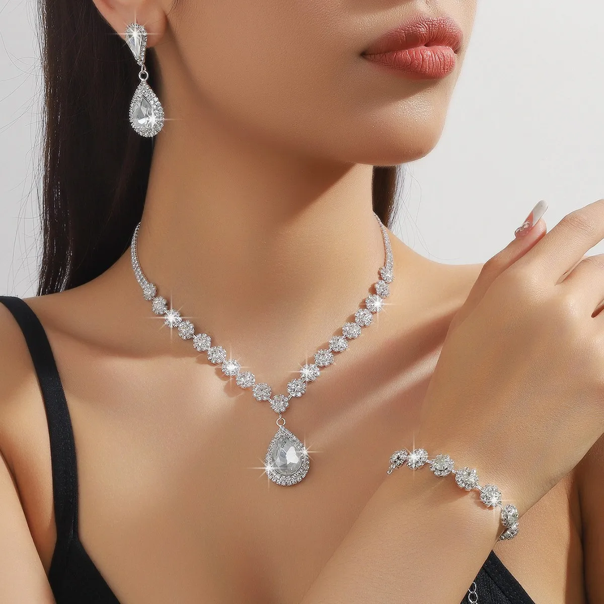 4PC Women's Fashion Waterdrop Flower Necklace Earrings Bracelet Jewelry Set Wedding Party Festival Gift-8065 - Image 2
