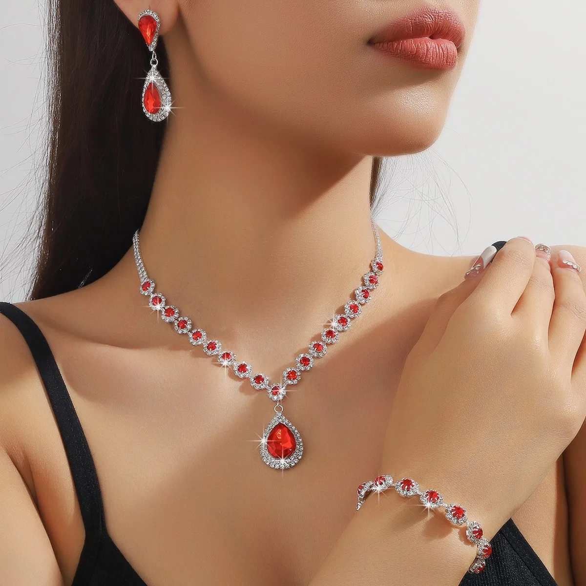 4PC Women's Fashion Waterdrop Flower Necklace Earrings Bracelet Jewelry Set Wedding Party Festival Gift-8065 - Image 3