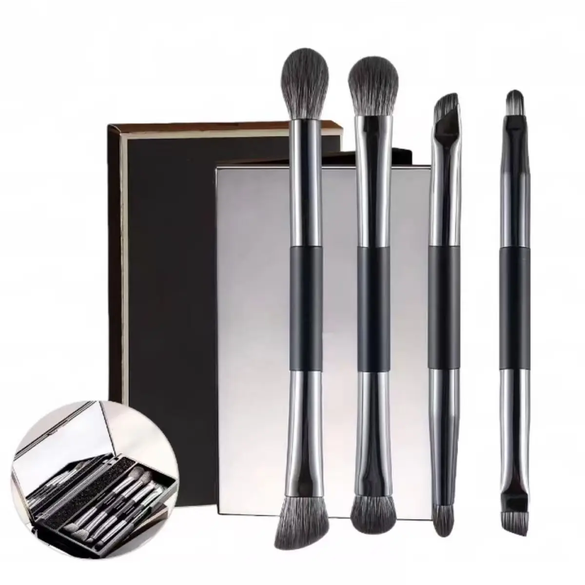 4Pcs Double-ended Makeup Brushes Set with Mirror Portable Travel Kit Concealer Eyeshadow Foundation Blush Brush Soft Synthetic H
