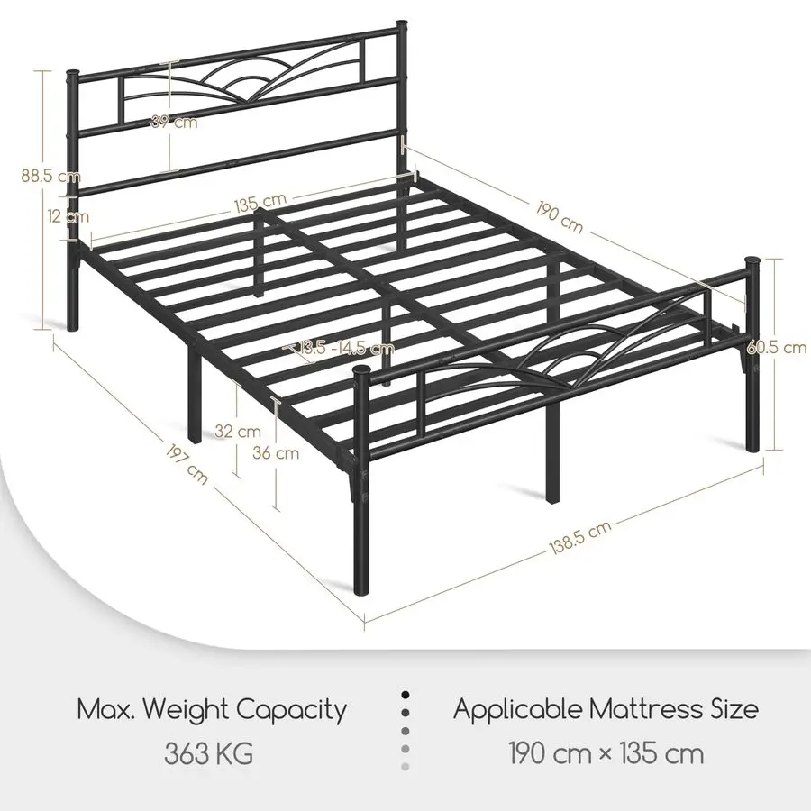 4ft6 Double Bed Solid Bed Frame with Cloudinspired Design Headboard and Metal Bed Slats, Ample Underbed Storage Black - Image 2