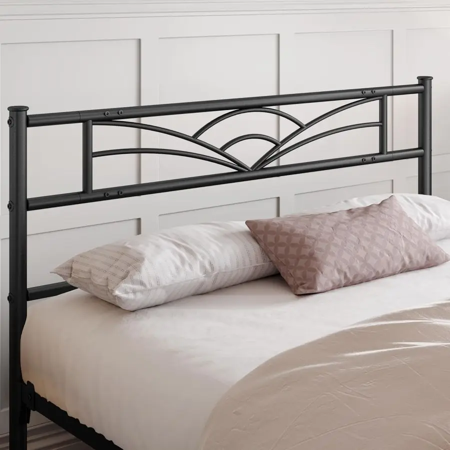 4ft6 Double Bed Solid Bed Frame with Cloudinspired Design Headboard and Metal Bed Slats, Ample Underbed Storage Black - Image 4