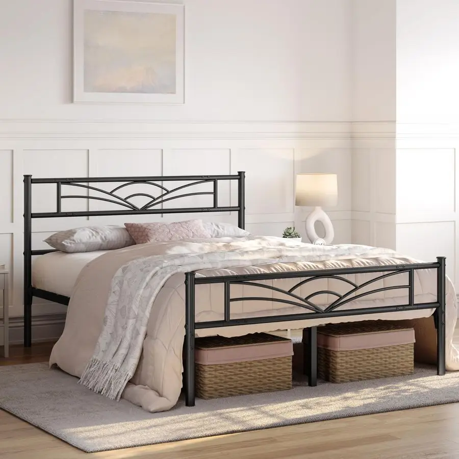 4ft6 Double Bed Solid Bed Frame with Cloudinspired Design Headboard and Metal Bed Slats, Ample Underbed Storage Black - Image 3