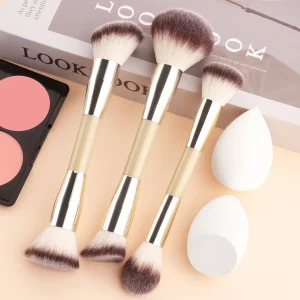 5Pcs Makeup Tool Set 3 Double Ended Brushes 2 Beauty Sponges For Foundation Blush Contour Face Cosmetic Kit