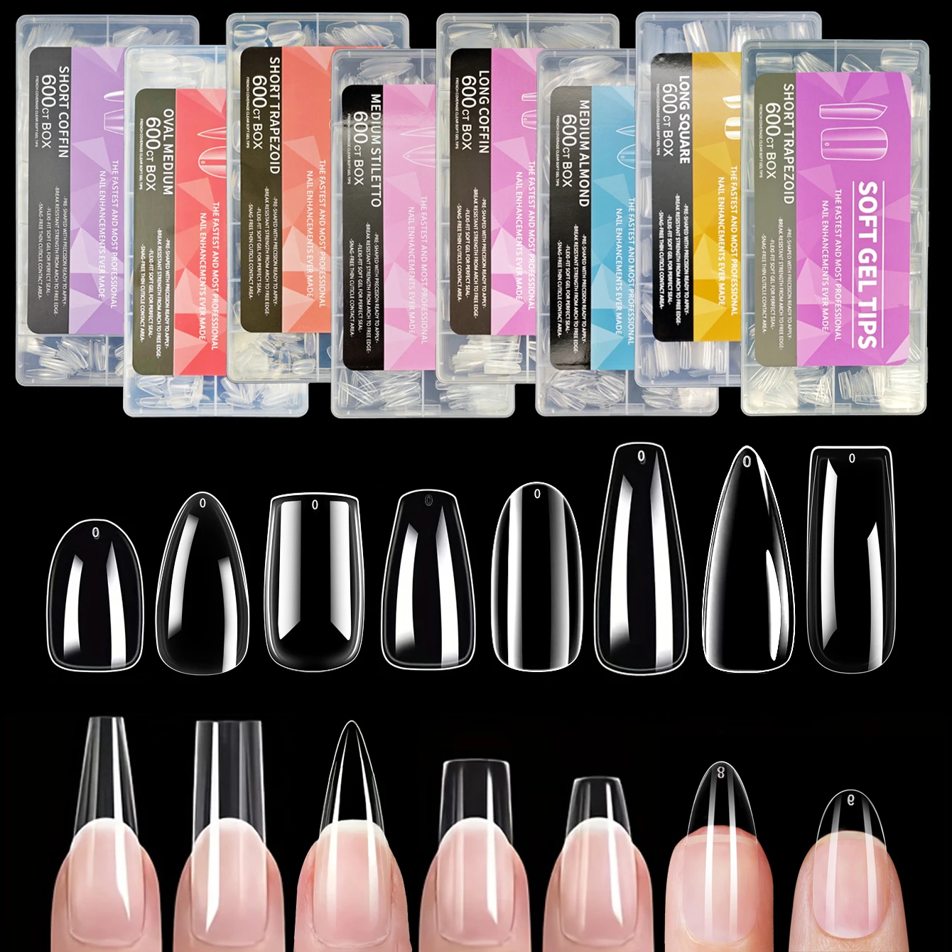 600pcs/box Clear Nail Tips Set, Medium/Long Coffin, Square, Almond, Stiletto, Oval, Round Shape, 10/12 Sizes, Press On Nails, Ma