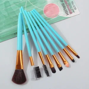 8-piece makeup brush set in cardstock packaging: blush brush, eyeshadow brush, concealer brush, eyelash brush and eyebrow brush