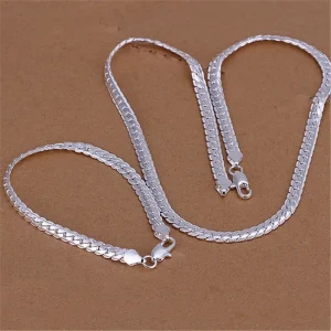 925 Sterling Silver Bracelets necklace Jewelry set for men Women classic fine 5MM Flat Chain 18/20/22/24 inch Fashion Party Gift