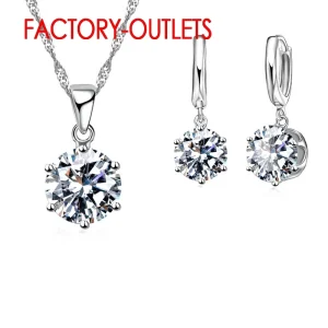 925 Sterling Silver Fashion Jewelry Set Classic 6 Claws Crystal Necklaces Hoop Earrings Women Girls Engagement Anniversary