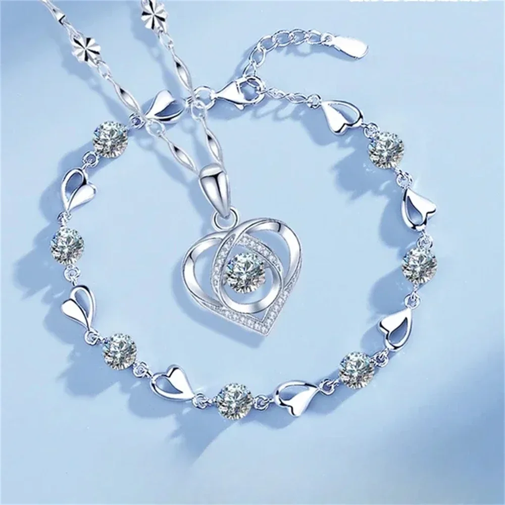 925 Sterling Silver Heart Necklace Bracelet Set Women Vintage Crystal Zircon Bracelet High Quality Set Party Jewelry - Image 2