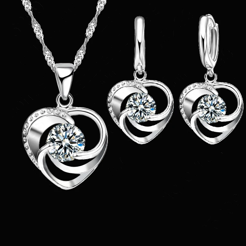925 Sterling Silver Necklace Earrings Set Long Chain Sweet Romantic Style Love Heart Shape For Women Lady Wife - Image 2
