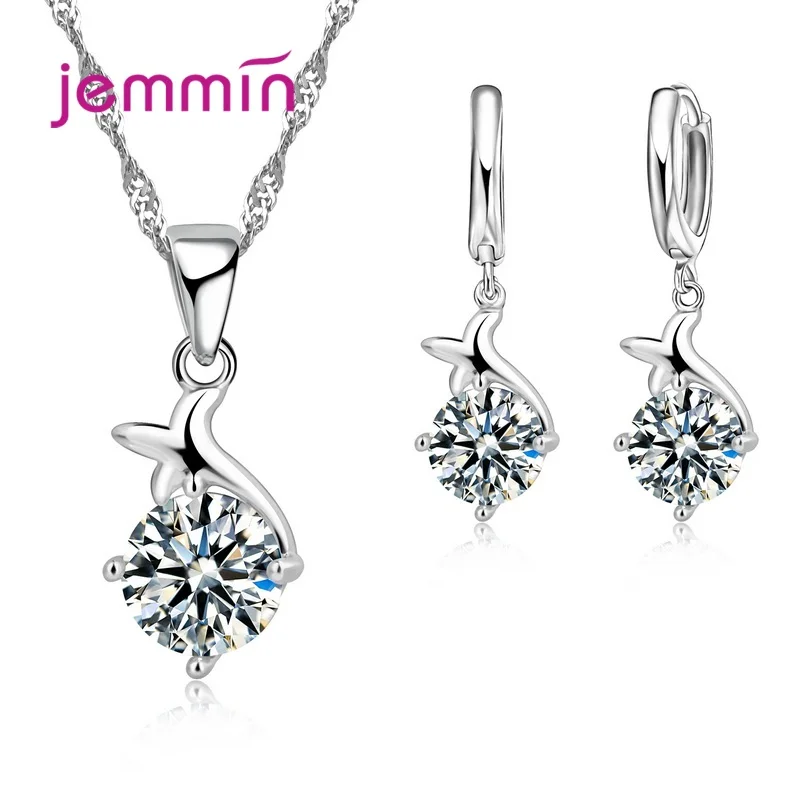925 Sterling Silver Trendy Crystal Pendant Necklace Earrings Jewelry Set For Women Girls Wedding Engagement Fashion Jewelry - Image 4