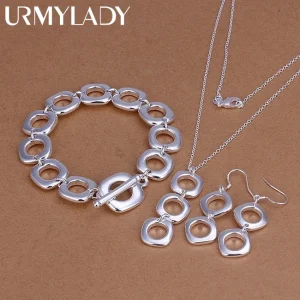 925 sterling silver Christmas gift classic square geometric pendant 45cm necklace bracelet Drop Earrings fashion jewelry set