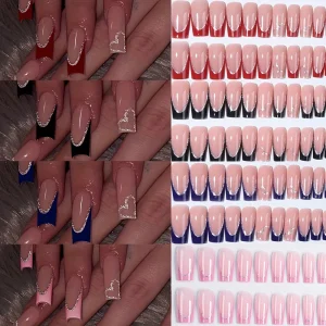 96pcs/Box French With Silver Glitter Fake Nails Blue/Red Full Cover Medium Length Square Press Nails For Women Girls Simple Nail