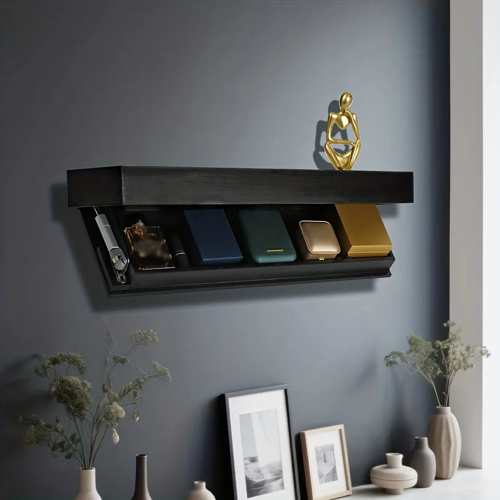 A Modern Minimalist Wall-Mounted Wooden Shelf for Storage And Decoration in The Living Room.