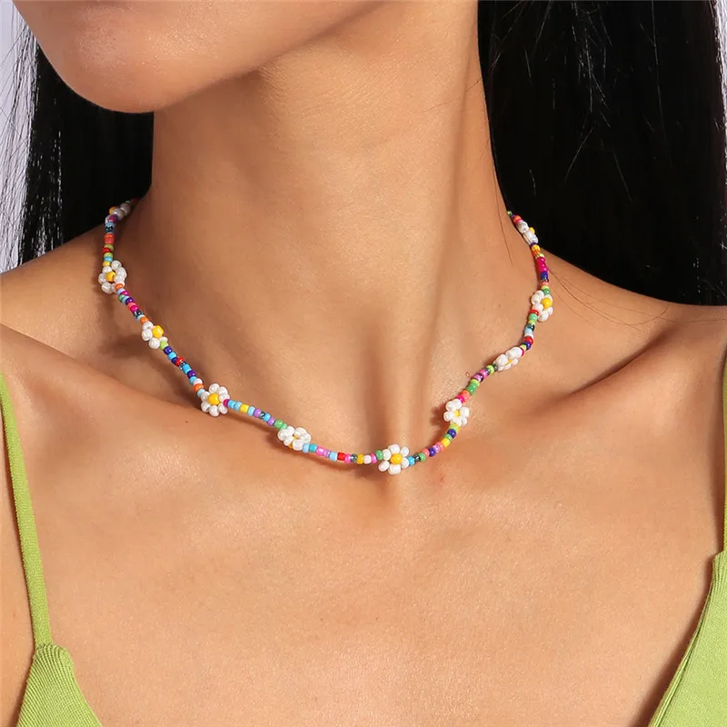 Aihua Bohemia Colorful Seed Bead Flowers Necklace For Women Kids Friendship Necklace Ethnic Beach Party Gifts