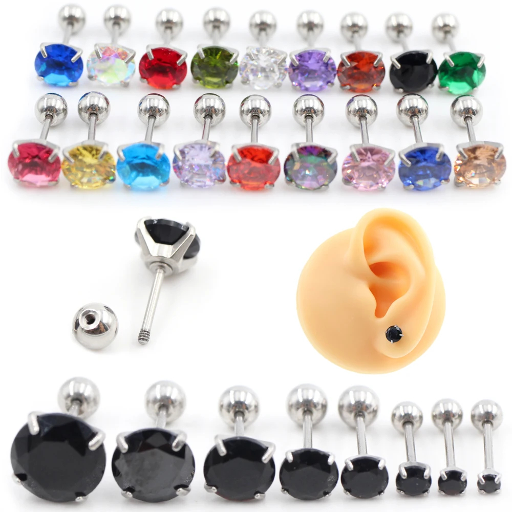 Alisouy 2PC Stainless Steel Ball Unisex Women Men Round Cubic Zirconia Ear Stud Earrings Helix Tragus Cartilage Piercing Jewelry