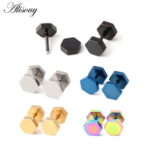 Alisouy 2pc Hexagon Studs Wholesale Fashion Black Color Stainless Steel Earrings Women Men's Punk Gothic Stud Earring for Men