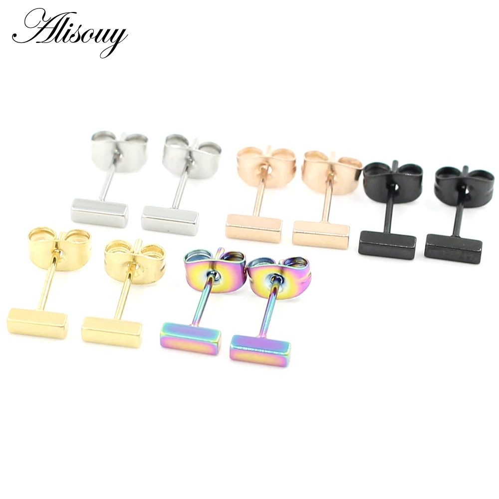 Alisouy 2pcs New Stainless Steel Simple Bar Ball Earrings for Women Men Black Geometric Long Square Stud Earring Jewelry Gifts - Image 2