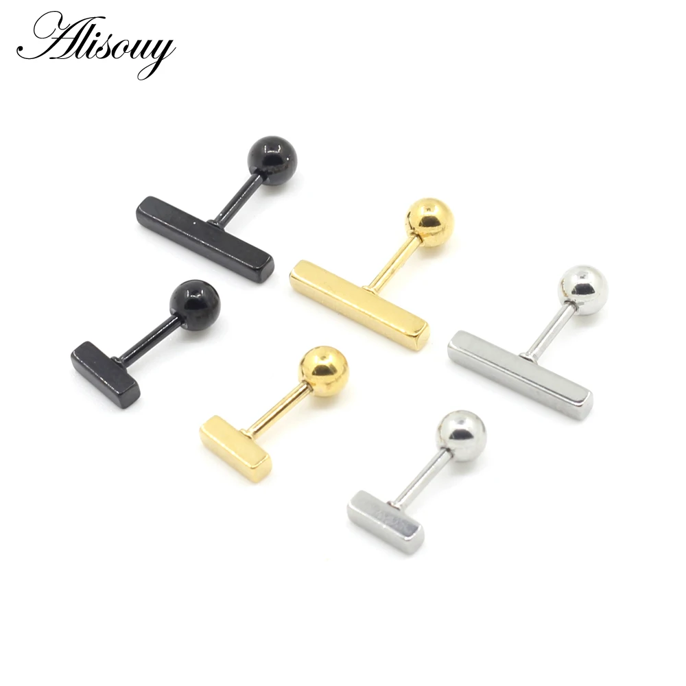 Alisouy 2pcs New Stainless Steel Simple Bar Ball Earrings for Women Men Black Geometric Long Square Stud Earring Jewelry Gifts - Image 3