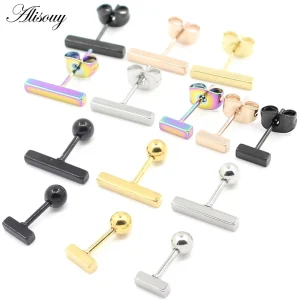 Alisouy 2pcs New Stainless Steel Simple Bar Ball Earrings for Women Men Black Geometric Long Square Stud Earring Jewelry Gifts