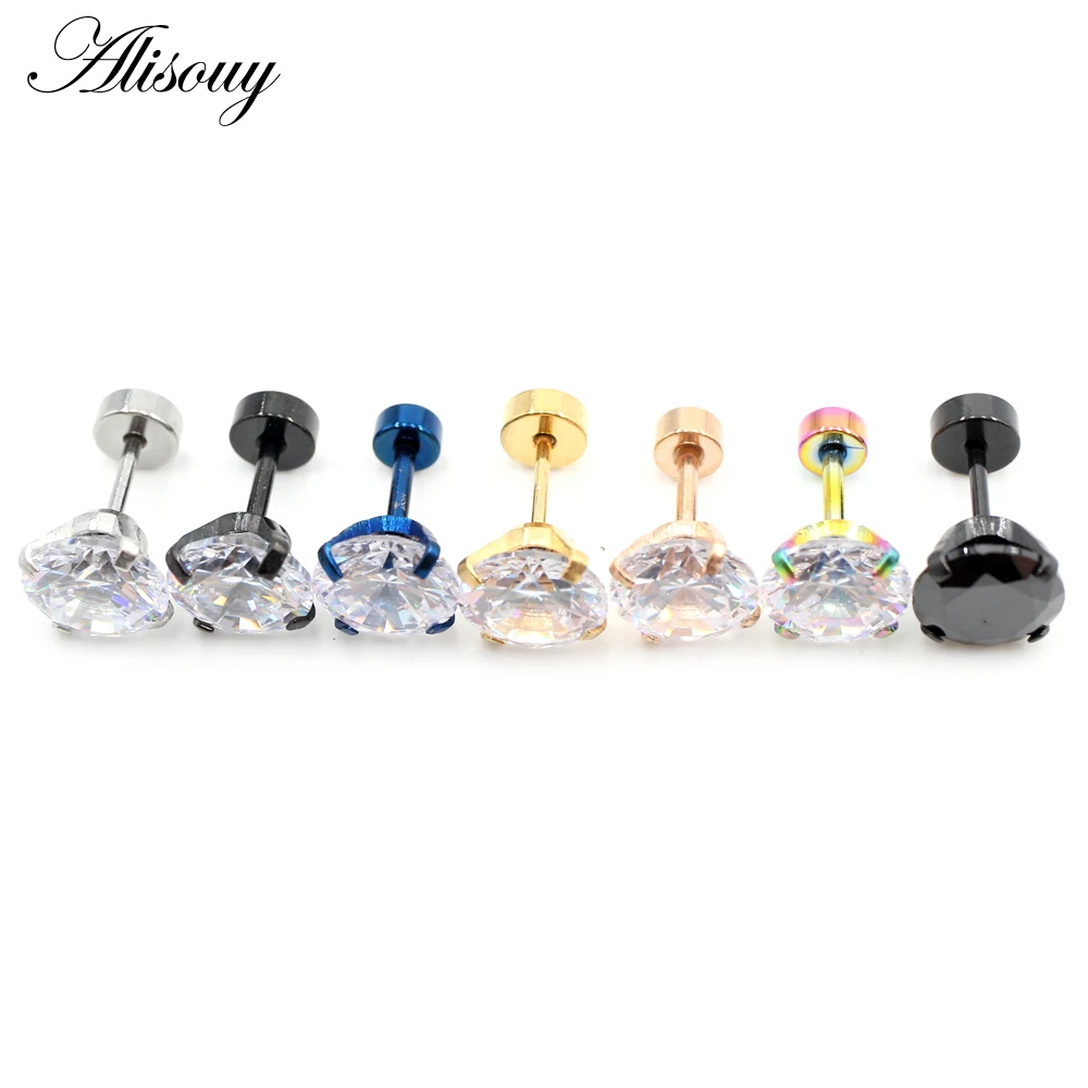 Alisouy 2pcs Stainless steel Unisex Women Men Round Crystal Zircon Ear Studs Earrings 4 Prong Tragus Cartilage Piercing Jewelry - Image 2