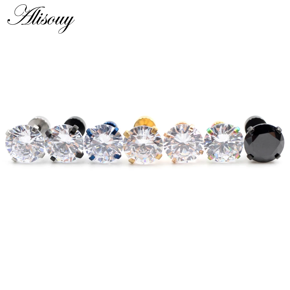 Alisouy 2pcs Stainless steel Unisex Women Men Round Crystal Zircon Ear Studs Earrings 4 Prong Tragus Cartilage Piercing Jewelry - Image 3